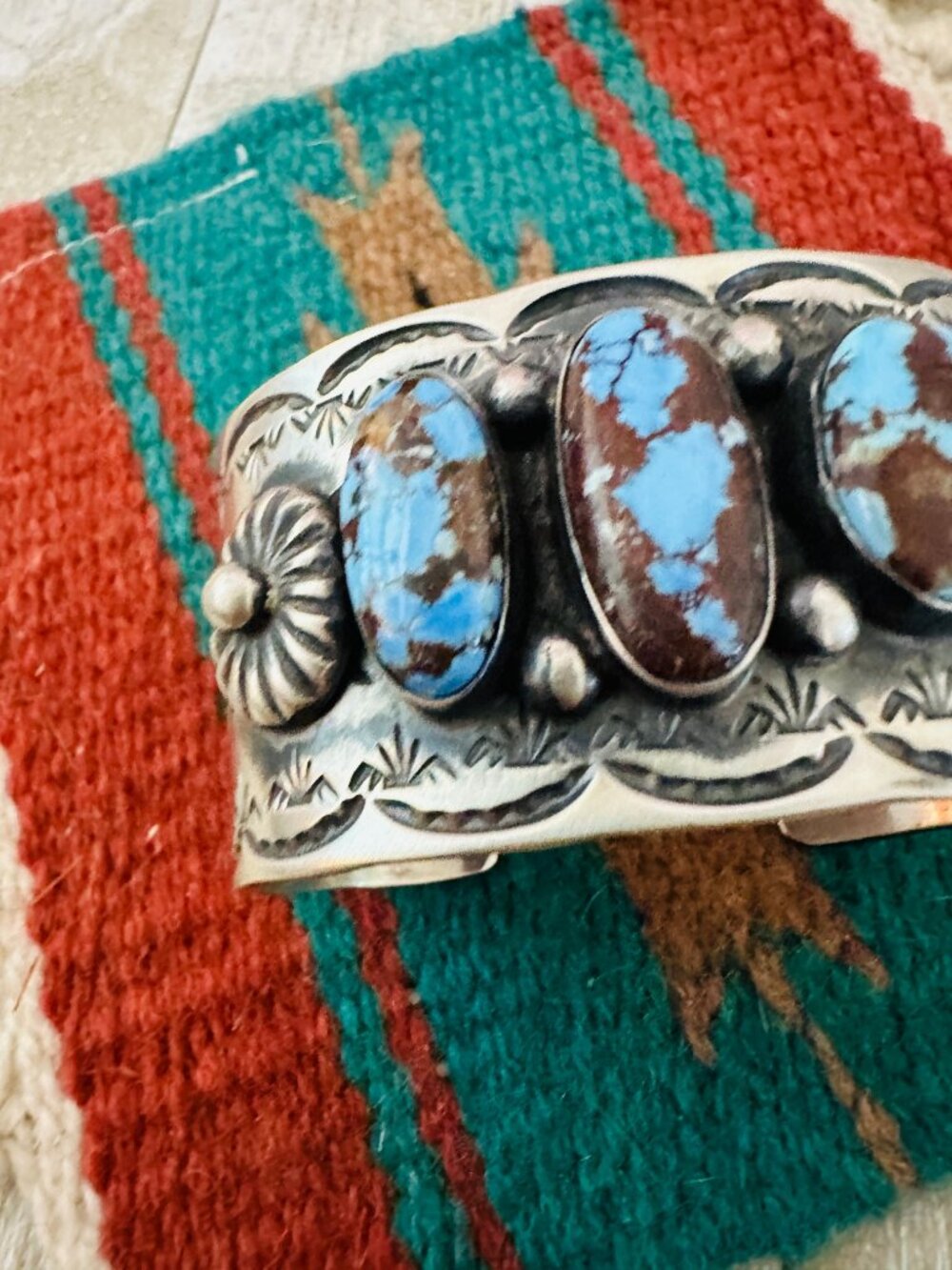 Handcrafted Sterling Silver & Golden Hills Turquoise Cuff Bracelet by Chimney Bu - Picture 3 of 7
